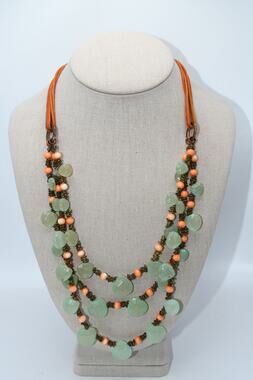 Mythologie Necklace Green Faceted Glass Pink Beads Rust Cord Statement 22”